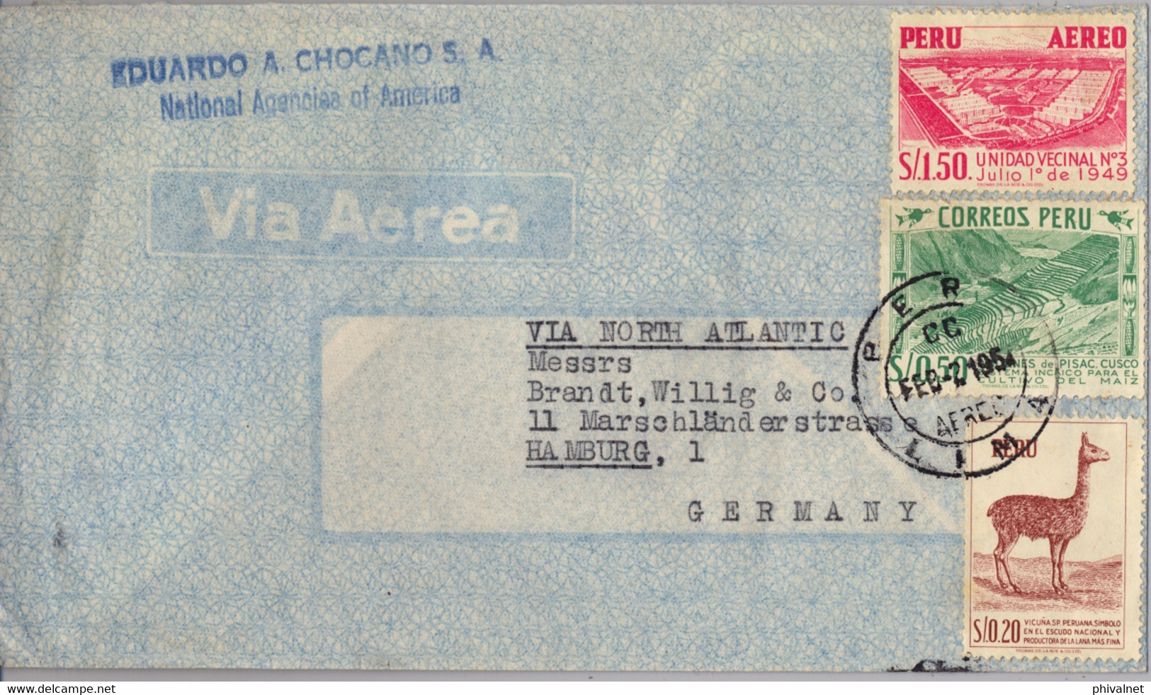 1954 PERÚ , SOBRE CIRCULADO ENTRE LIMA Y HAMBURGO  , CORREO AÉREO - Perú