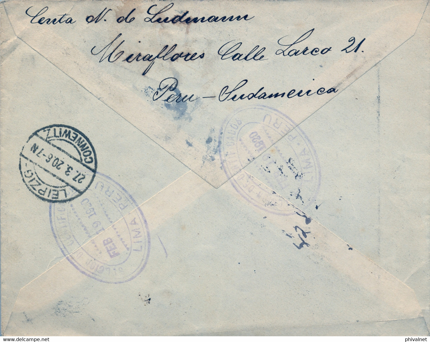 1920 PERÚ , SOBRE CERTIFICADO ENTRE MIRAFLORES / LIMA Y LEIPZIG VIA PANAMÁ . LLEGADA AL DORSO. - Perú