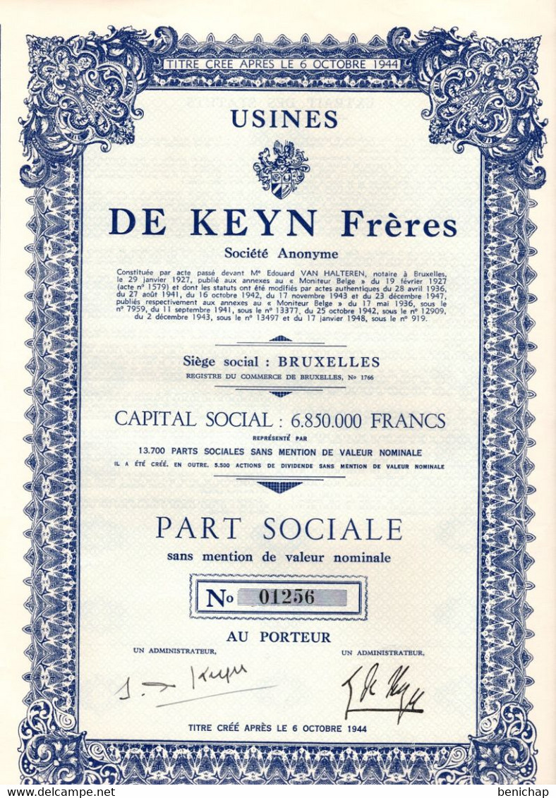 Action Part Sociale Sans Mention De Valeur - Peintures - Usines DE KEYN Frères S.A. - Bruxelles Janvier 1948. - Industrie