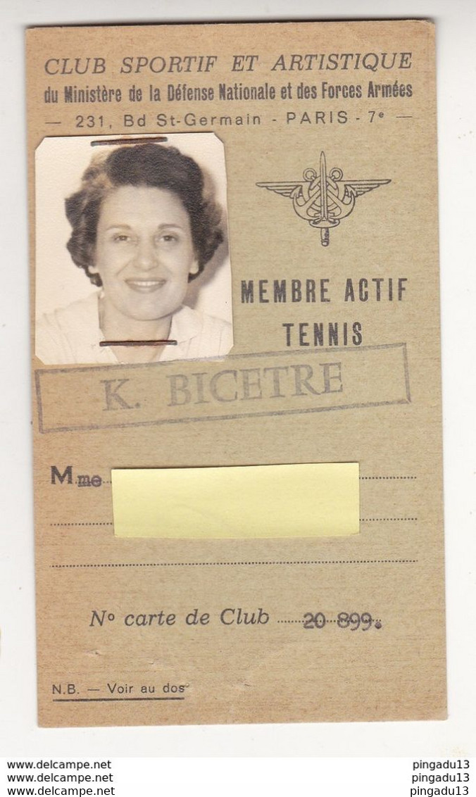 Au Plus Rapide Tennis Carte Membre K Bicètre Club Sportif Ministère Défense Nationale Et Forces Armées - Other & Unclassified