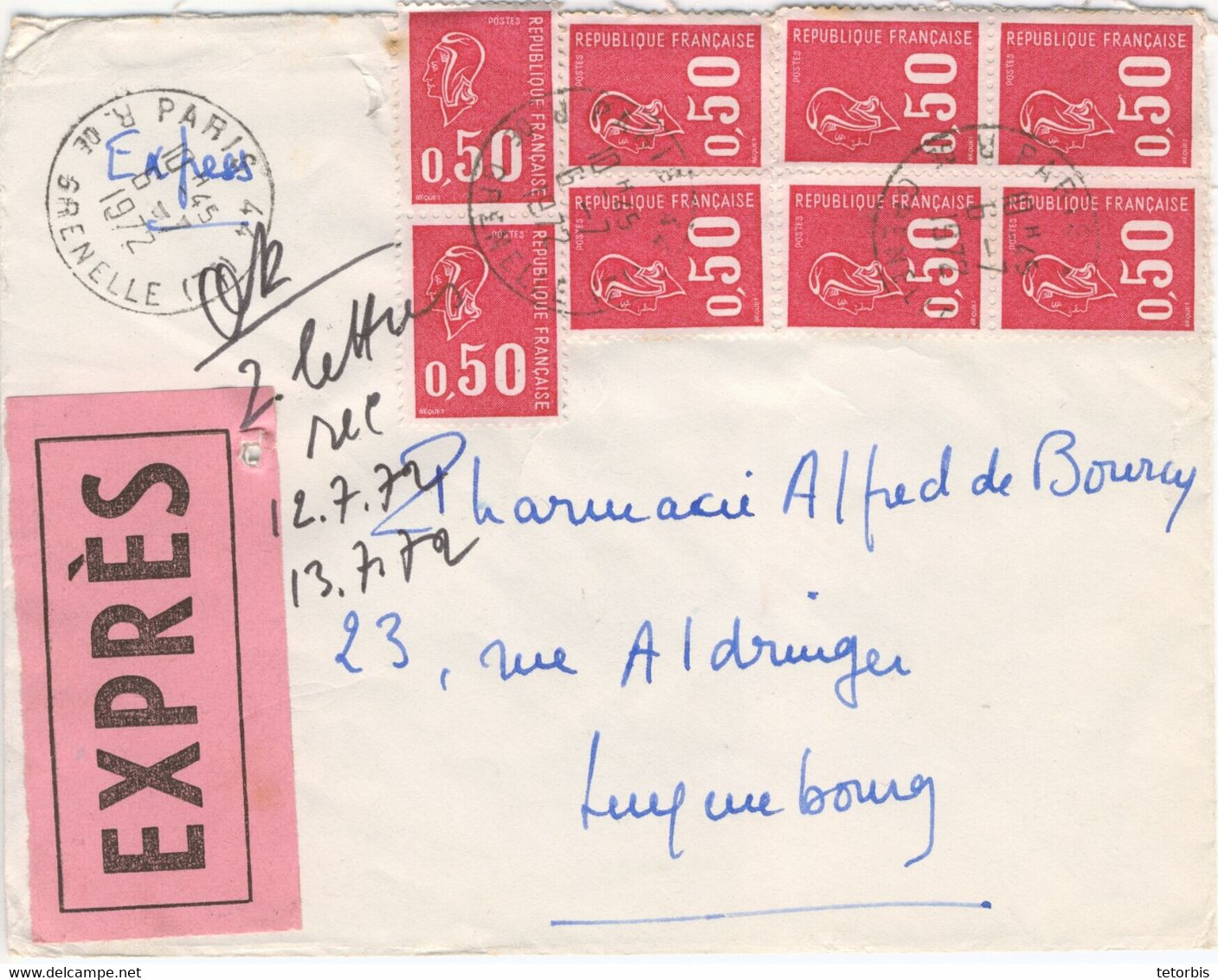 RARE- 4 PAIRES 50C MARIANNE BEQUET TARIF PARTICULIER 4F LETTRE EXPRES LUXEMBOURG 06/07/72 - 1961-....
