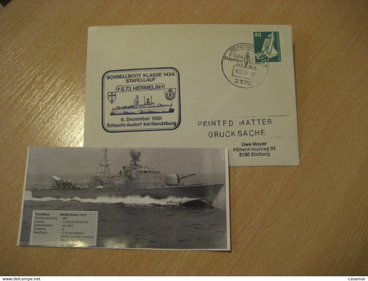 S73 Hermelin Ermine RENDSBURG 1981 K 143 A Schnellbootgeschwader Speedboat Squadron Navy Cover GERMANY Militar War Ship - Militaria