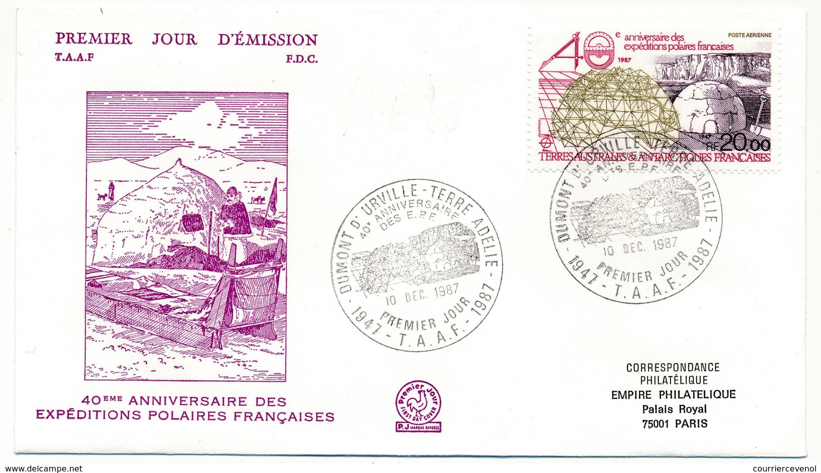 TAAF - Enveloppe FDC - 20,00 40eme Anniversaire Des Expéditions Polaires  - Dumont Durville Terre Adélie - 10/12/1987 - FDC