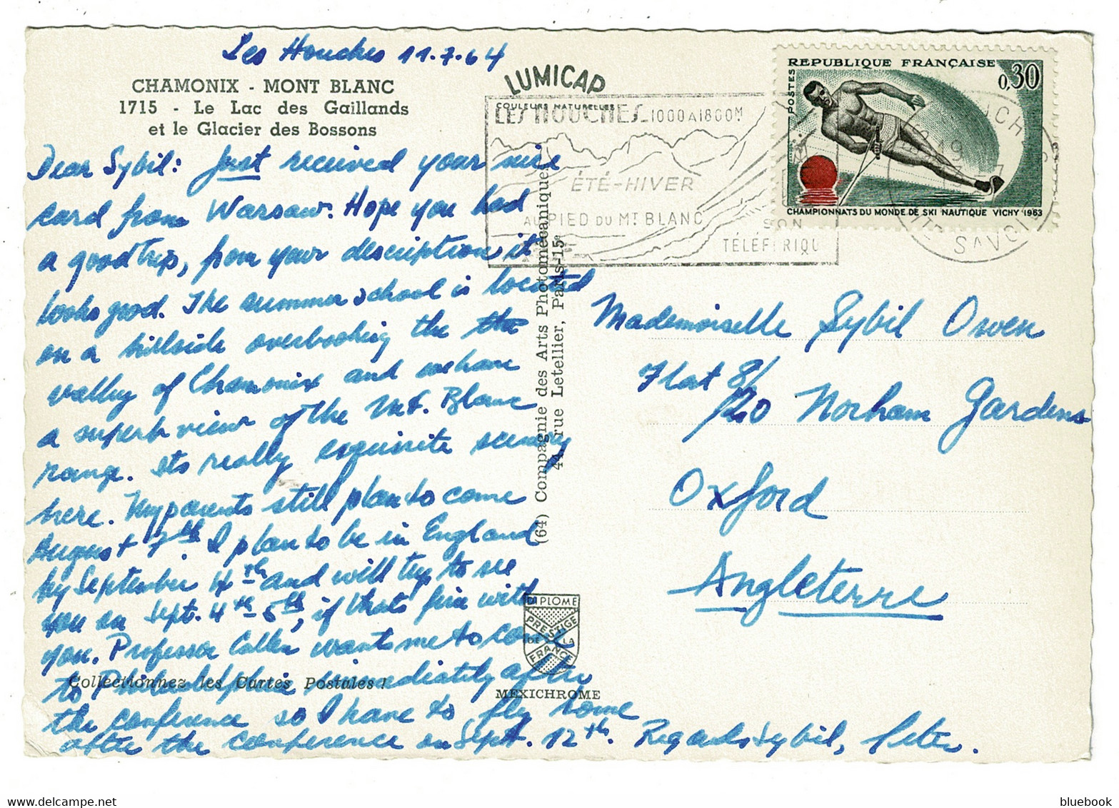 Ref 1443 - 1964 Postcard - Chamonix Mont Blanc - 30c Rate To Oxford UK - Water Skiing Theme - Sci Nautico