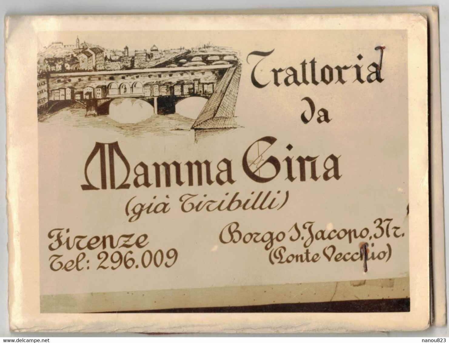 SOUVENIR PUBLICITAIRE BOÎTE A ALLUMETTES DEDICACE INTERIEURE TYPE ETUI PHOTO VERITABLE FIRENZE PONTE VECCHIO RESTAURANT - Objets Publicitaires