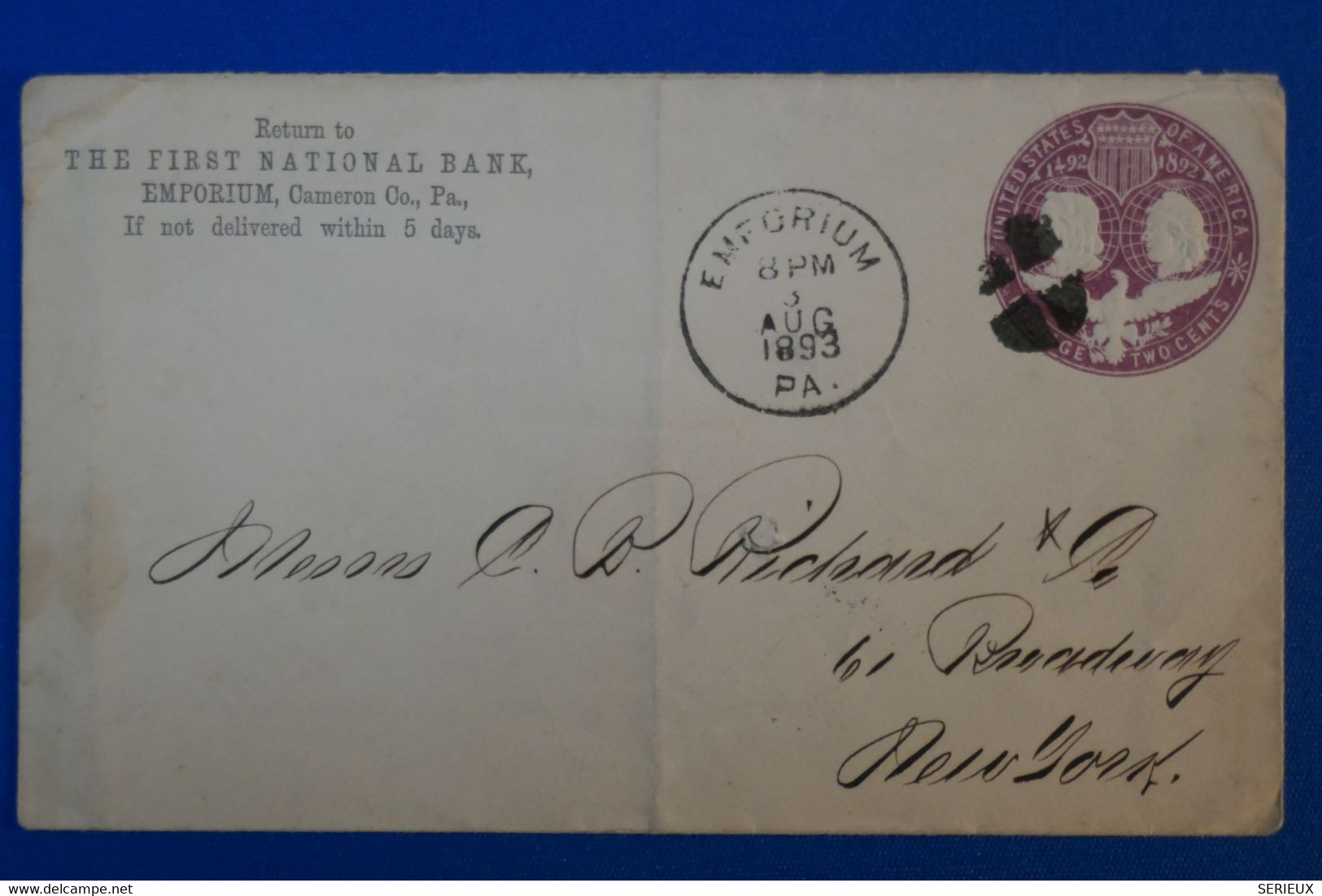 C ETATS UNIS  BELLE LETTRE  1893 EMPORIUM POUR NEW YORK C.  + AFFRANCHISSEMENT INTERESSANT - Brieven En Documenten