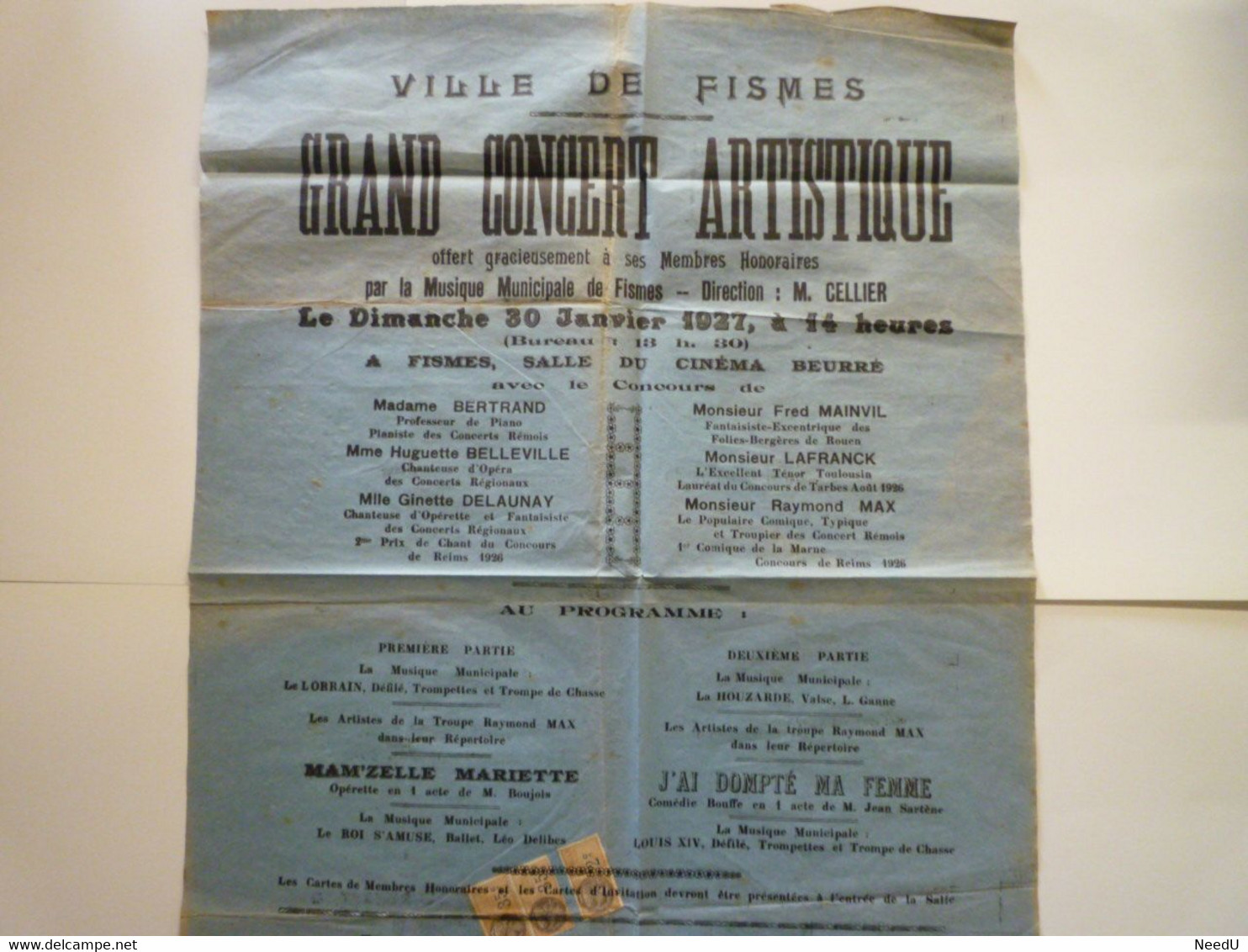 GP 2021 - 2  VILLE De FISMES  AFFICHE De 1927  " GRAND CONCERT ARTISTIQUE "   XXX - Plakate