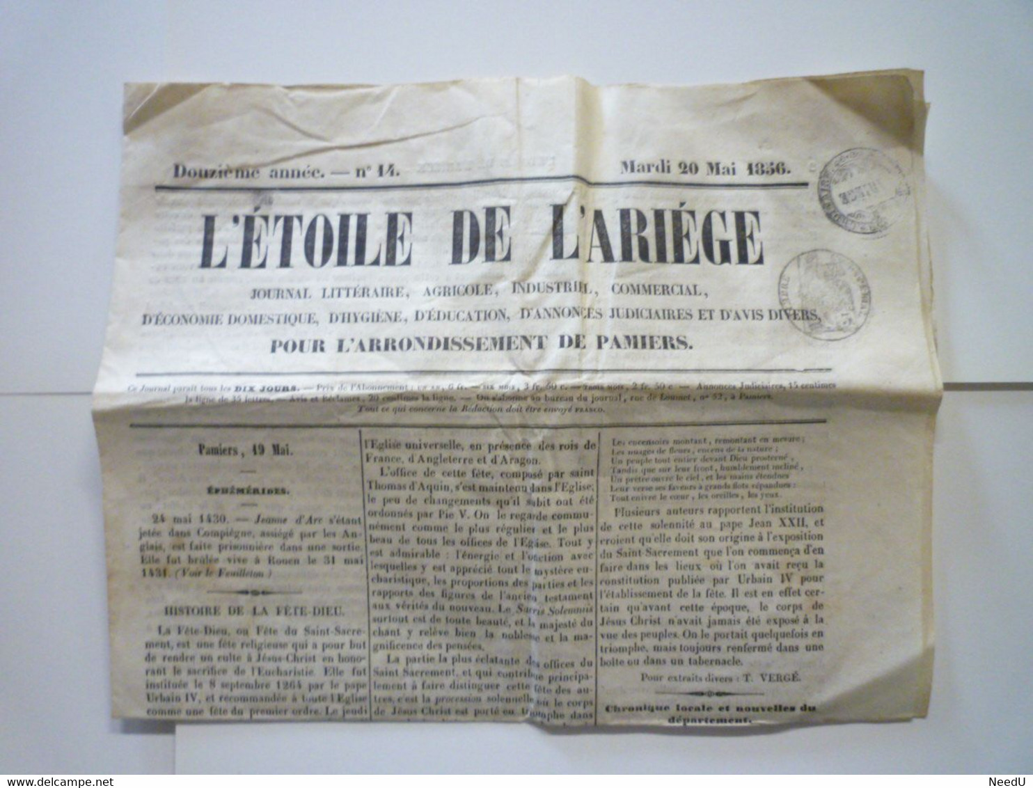 GP 2021 - 4  JOURNAL  " L'ETOILE De L'ARIEGE "  Du  20 Mai 1856   XXX - Zonder Classificatie