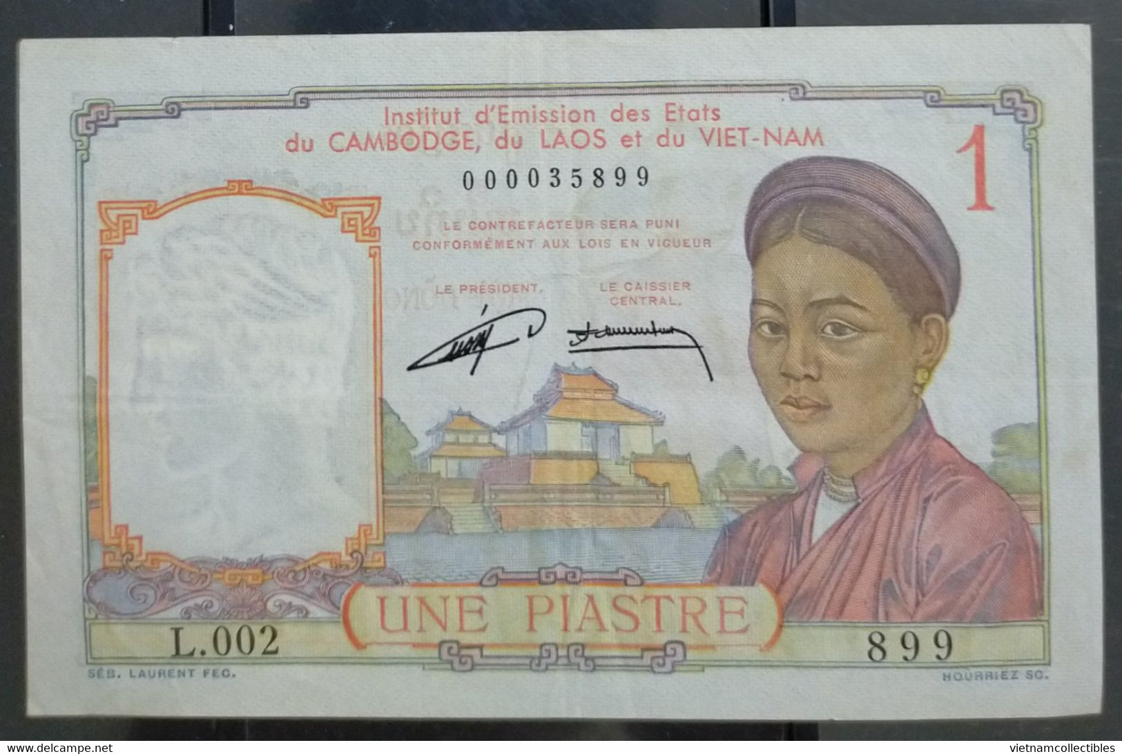 French Indochine Indochina Vietnam Viet Nam Laos Cambodia 1 Piastre EF Banknote Note 1953 - Pick # 92 / 2 Photos - Indocina