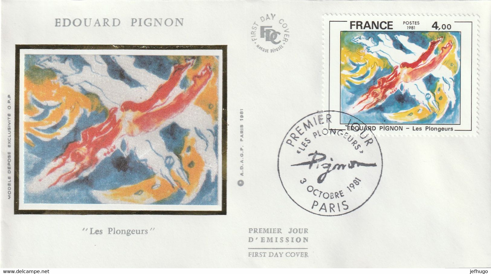 ENVELOPPE 1er JOUR SOIE . DU 3 OCTOBRE 1981 . EDOUARD PIGNON . LES PLONGEURS. CACHET PARIS - 1980-1989