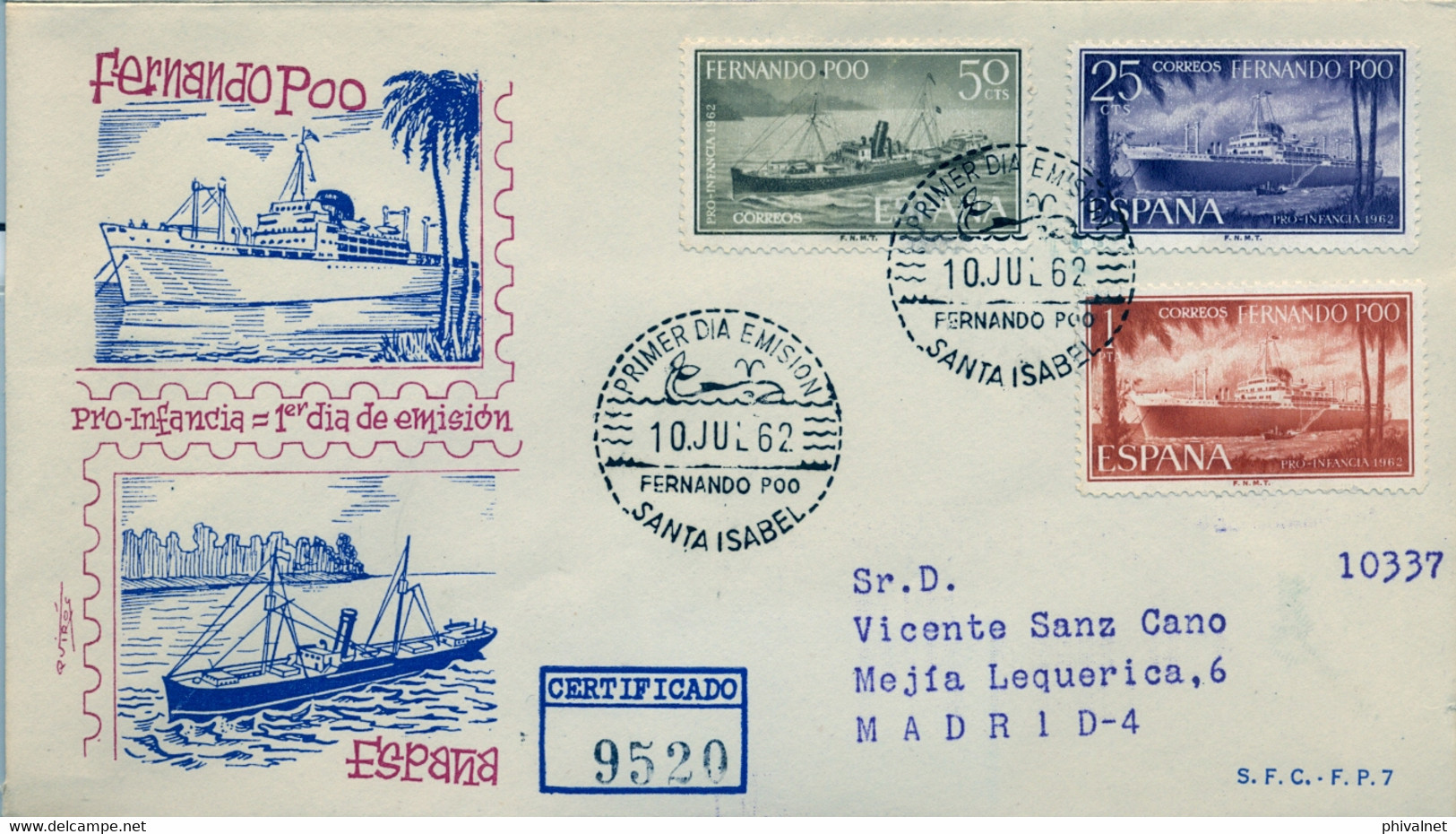 FERNANDO POO , ED. 207 / 209 - PRO INFANCIA 1962 , BARCOS , SHIPS , SOBRE DE PRIMER DIA CIRCULADO , LLEGADA AL DORSO - Fernando Poo