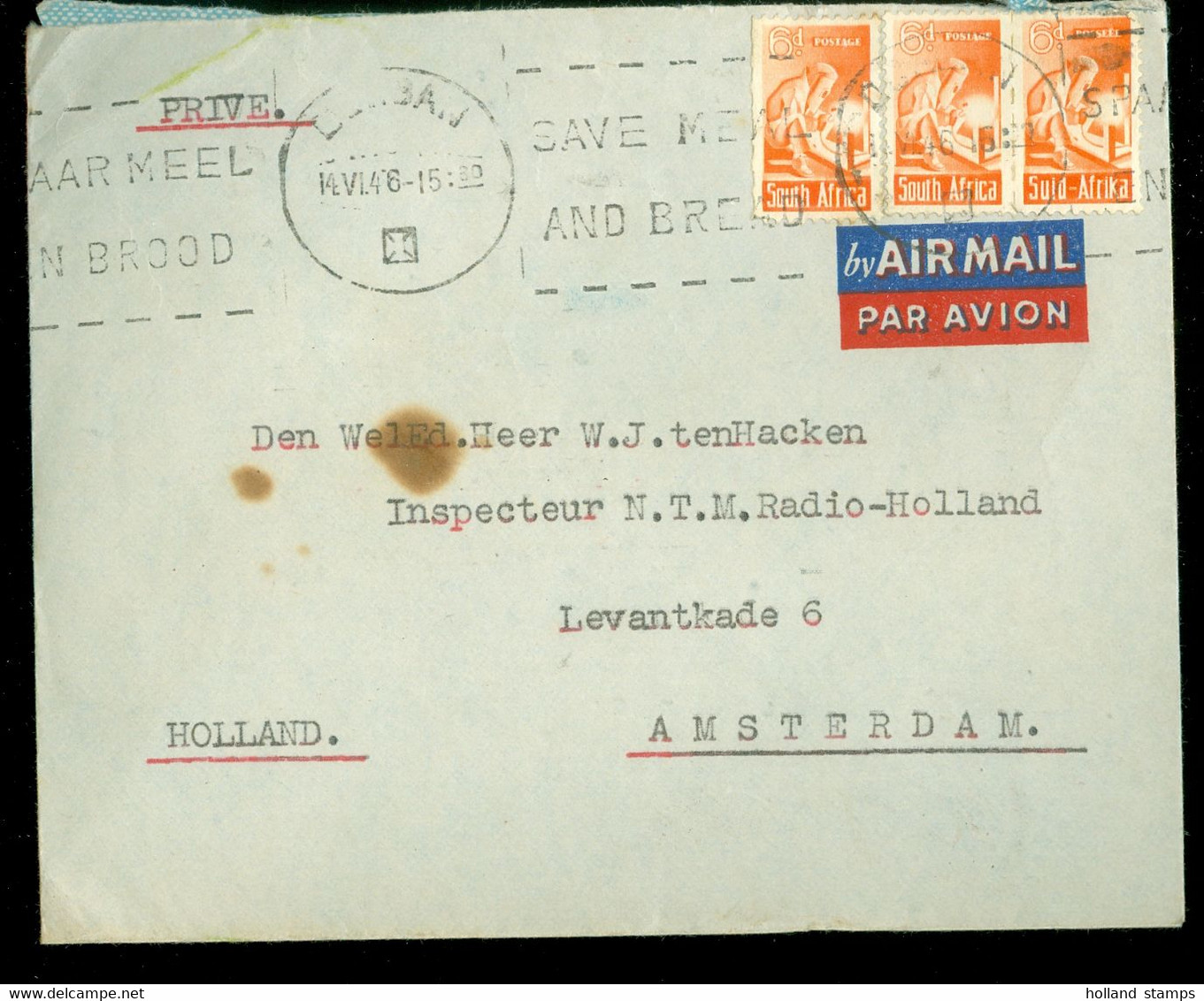 AIRMAIL * BRIEFOMSLAG Uit 1946 Uit DURBAN ZUID AFRIKA   Naar AMSTERDAM  (11.875s) - Poste Aérienne