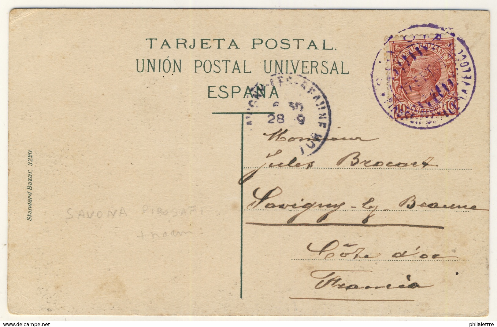 ITALIE / ITALIA 1907 " SAVONA - PIROSC. POSTALE LA VELOCE " Cartolina Da Tenerife A Savigny-les-Beaune, Francia - Marcofilía