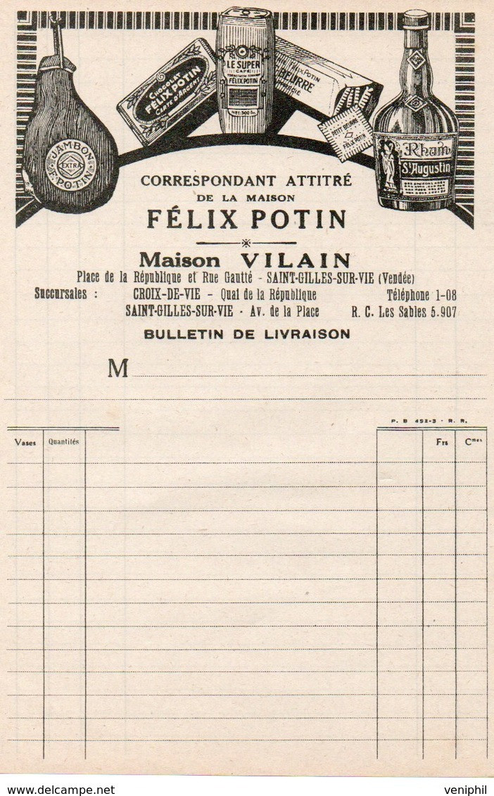 LOT DE 5 FACTURES -FELIX POTIN -MAISON VILAIN -ST GILLES SUR VIE - VENDEE - 1950 - ...