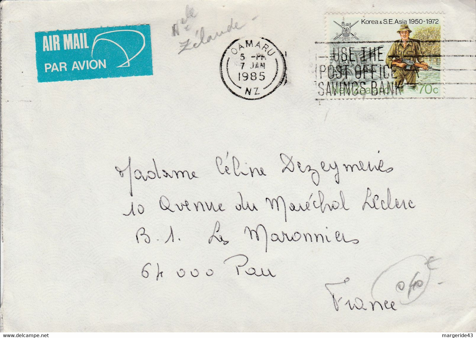 NOUVELLE ZELANDE SEUL SUR LETTRE DE OAMARU POUR LA FRANCE 1985 - Storia Postale