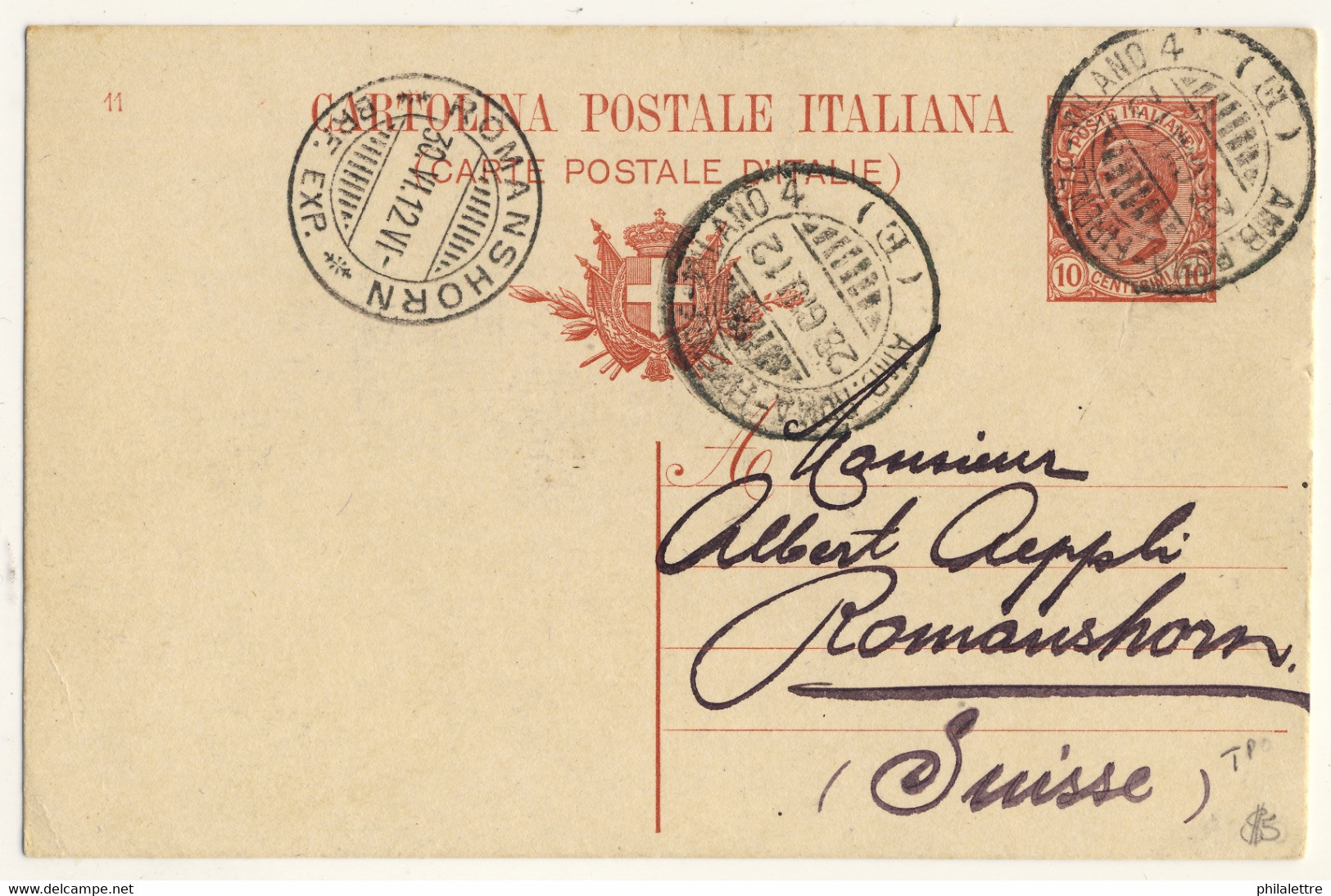 ITALIE / ITALIA 1912 (29-6) Annullo " AMB. ROMA-FIRENZE-MILANO 4 / (E) " Su Cartolina Postale Da Roma Alla Svizzera - Marcofilie