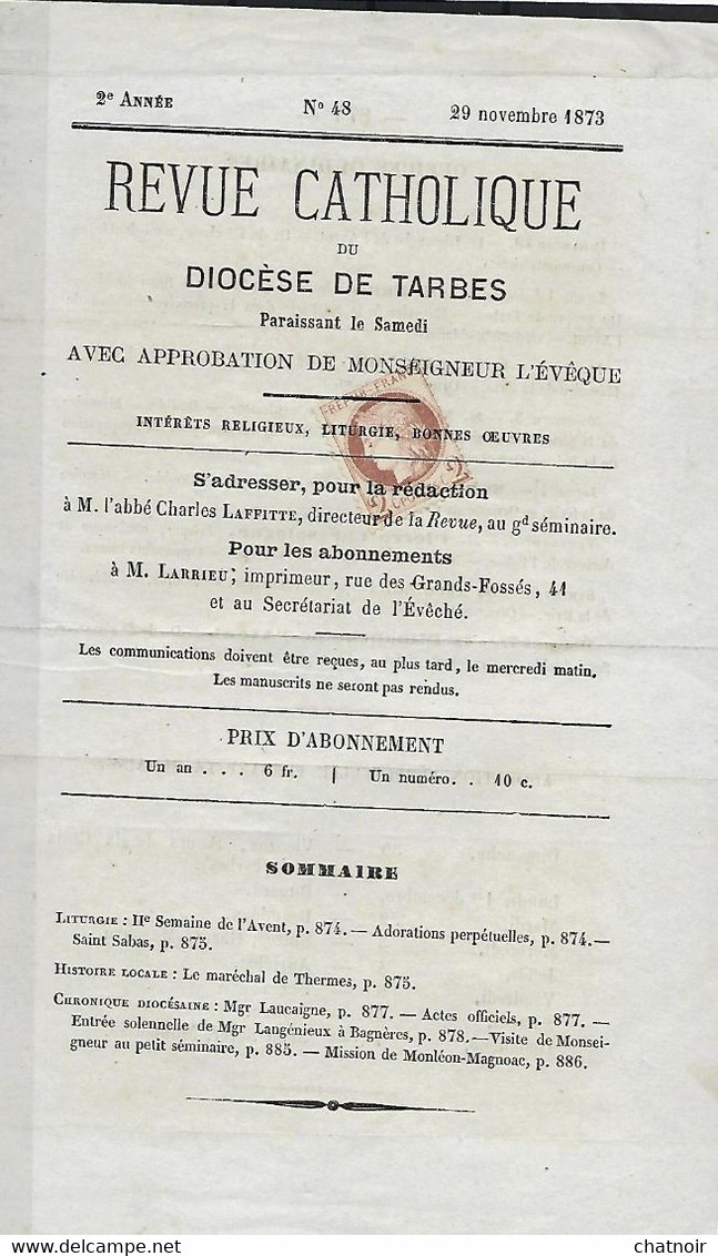 2  C   Ceres    Sur Document  De La Revue Catholique(une Seule Feuille)   De TARBES  1873 - 1871-1875 Cérès