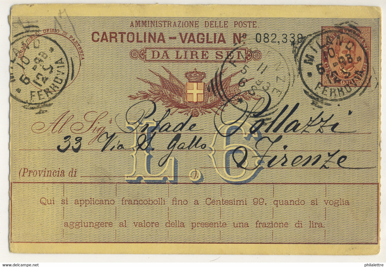 ITALIE / ITALIA 1893 Cartolina-Vaglia Da Lire 6 Usato Da " MILANO • FERROVIA • " A Firenze - Stamped Stationery