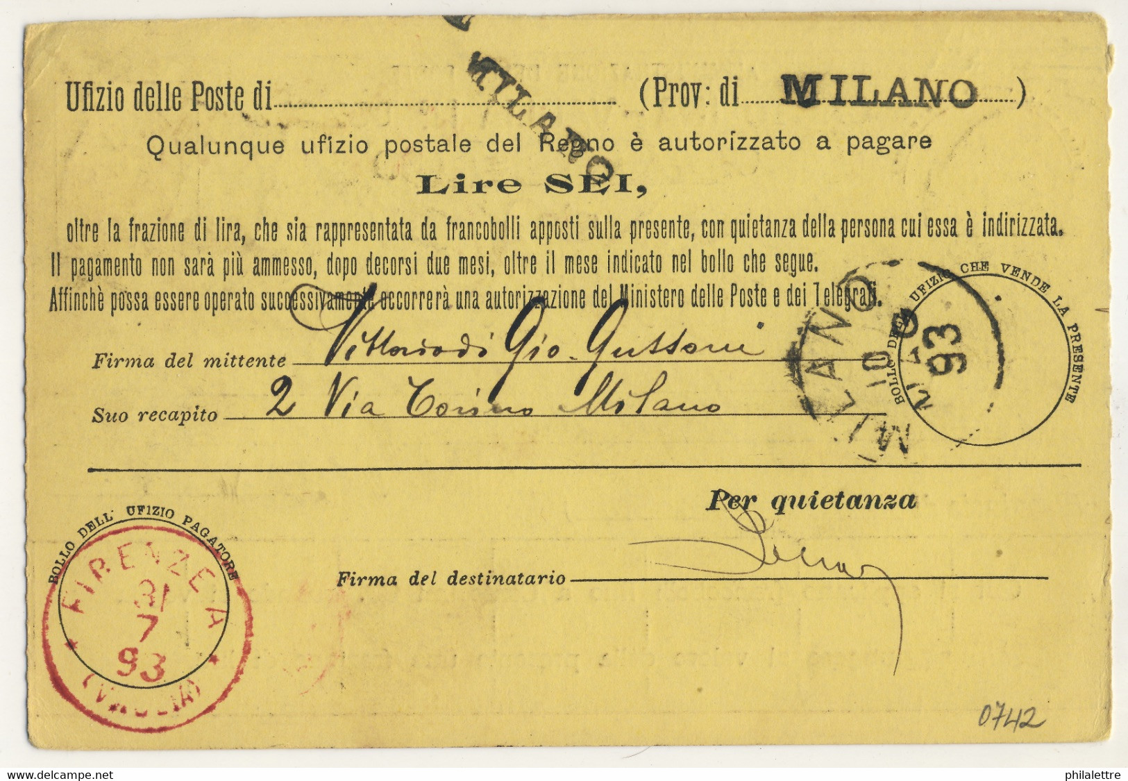 ITALIE / ITALIA 1893 Cartolina-Vaglia Da Lire 6 Usato Da " MILANO • FERROVIA • " A Firenze - Entiers Postaux