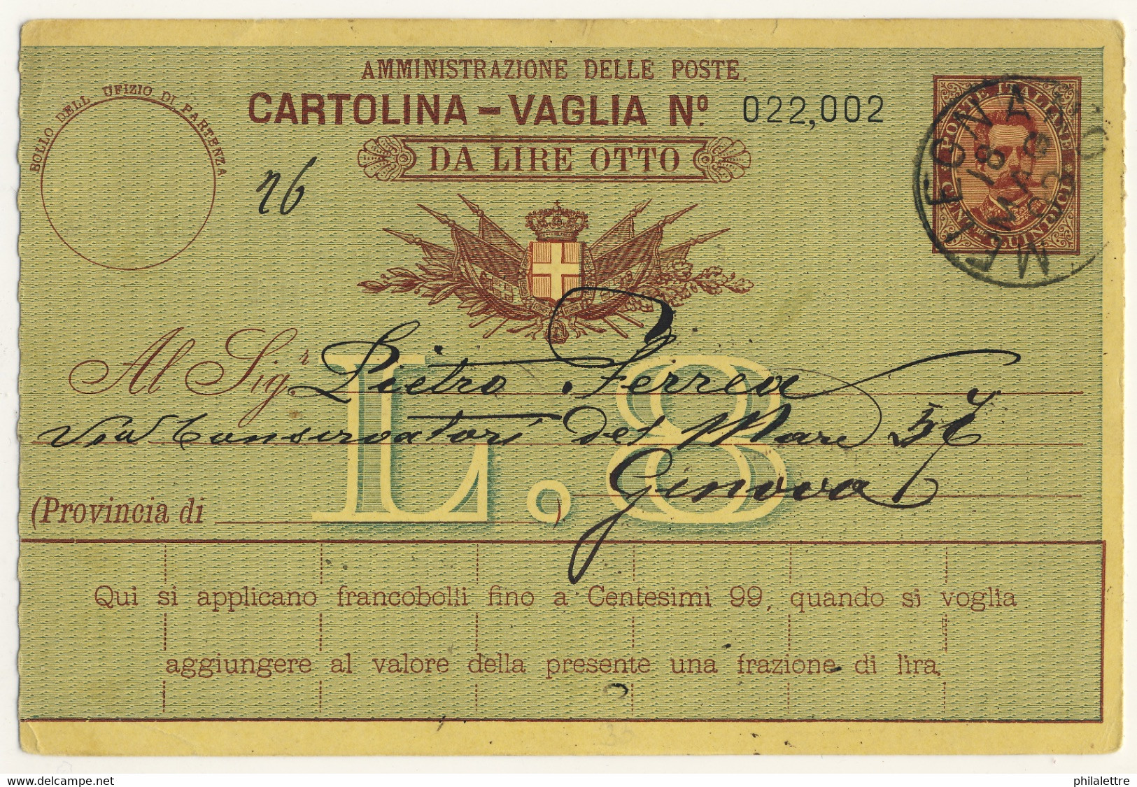 ITALIE / ITALIA 1893 Cartolina-Vaglia Da Lire 8 Usato Da MELEGNANO (Milano) A Genova - Entiers Postaux
