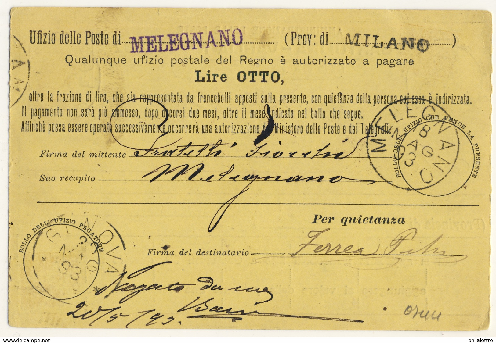 ITALIE / ITALIA 1893 Cartolina-Vaglia Da Lire 8 Usato Da MELEGNANO (Milano) A Genova - Stamped Stationery