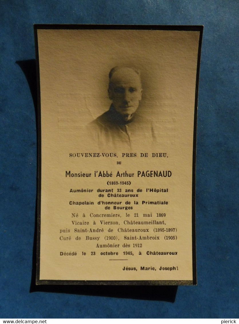 GENEALOGIE FAIRE PART DECES RELIGION RELIGIEUX ABBE PAGENAUD VIERZON CONCREMIERS CHATEAUMEILLANT BUSSY 1869 1945 - Décès