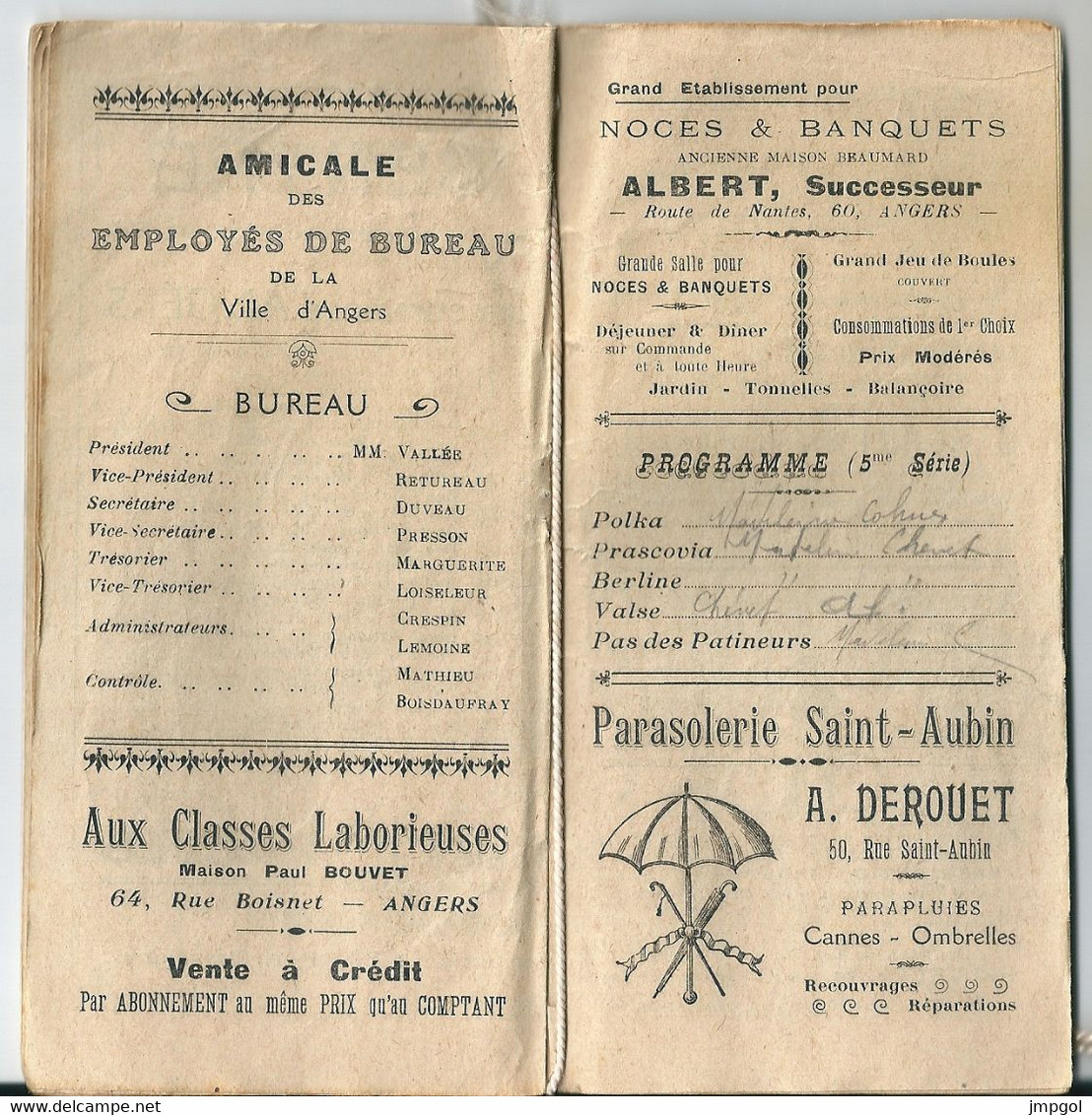 Très Beau Carnet De Bal Amicale Employés De Bureau Mairie Angers 1906-1910 Programme Et Nombreuses Publicités - Sin Clasificación