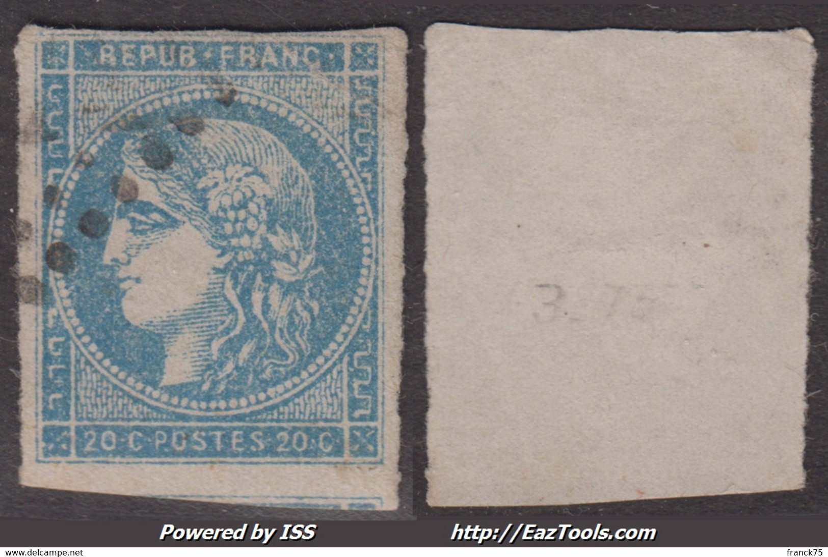 20c Bordeaux Bleu Clair Type II Report 3 Aspect TB (Y&T N° 45Cd Cote 70€) - 1870 Bordeaux Printing