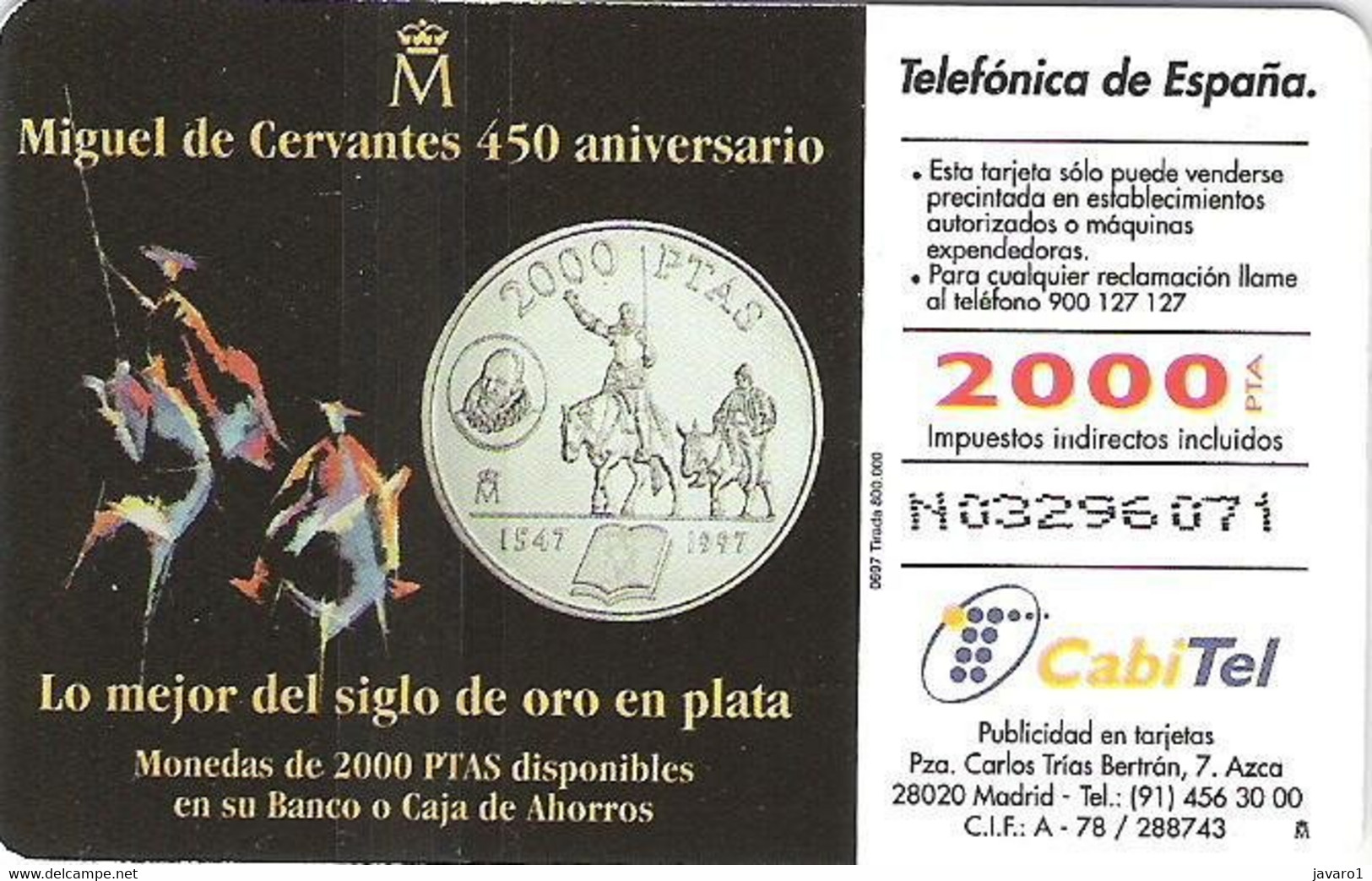 SPAIN ESP40 2000pta Miguel De Cervantes 450 Yrs USED - Altri & Non Classificati