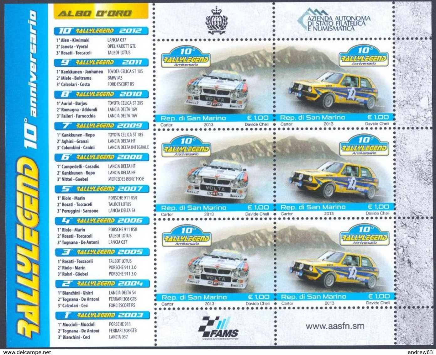 SAN MARINO - 2013 - Minifoglio - 10° ANNIVERSARIO RALLY LEGEND - Nuovo - Nuevos