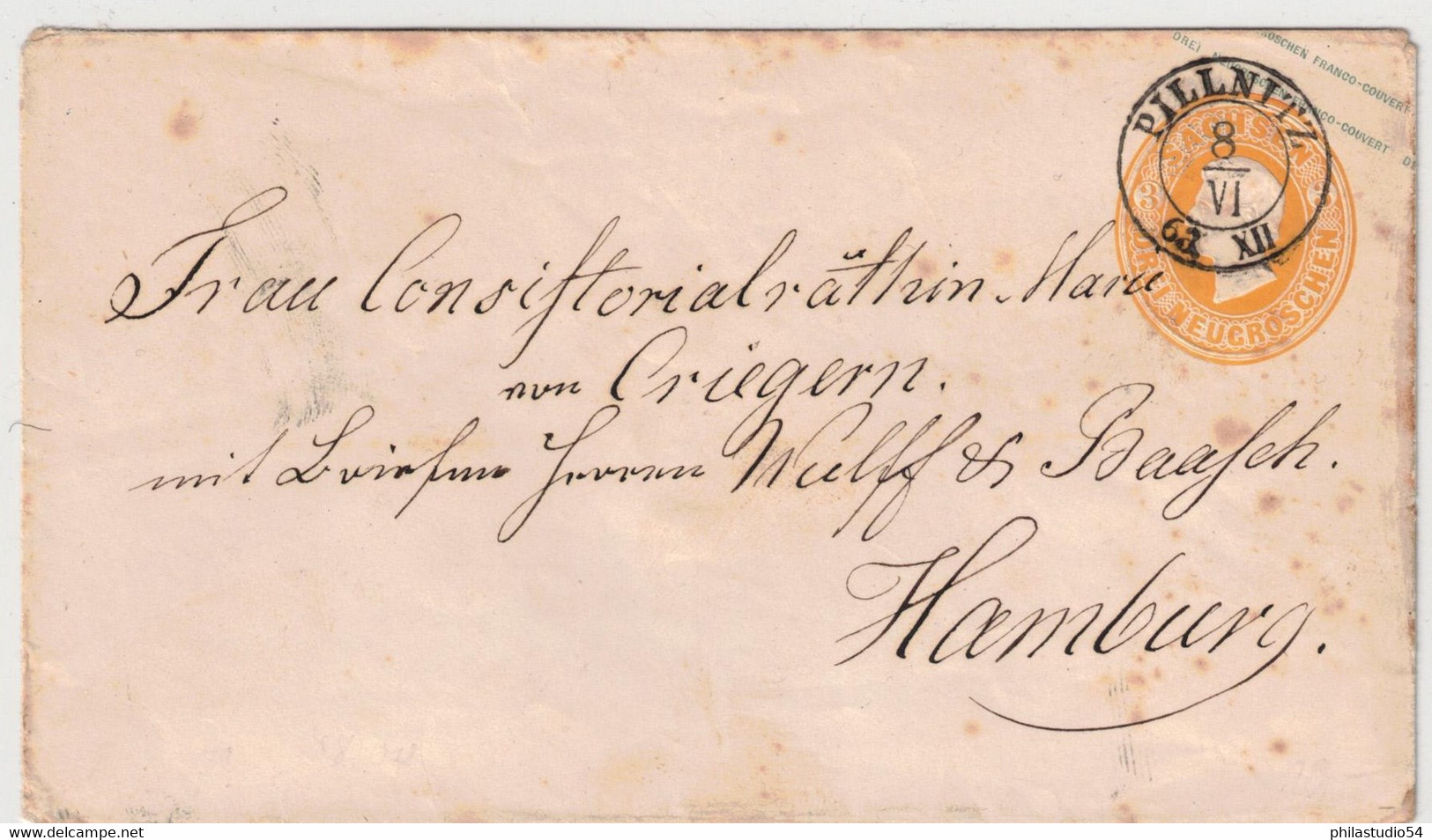 1863, 3 Groschen Ganzsachenumschlag Ab PILLNITZ Nach Hamburg - Saxony