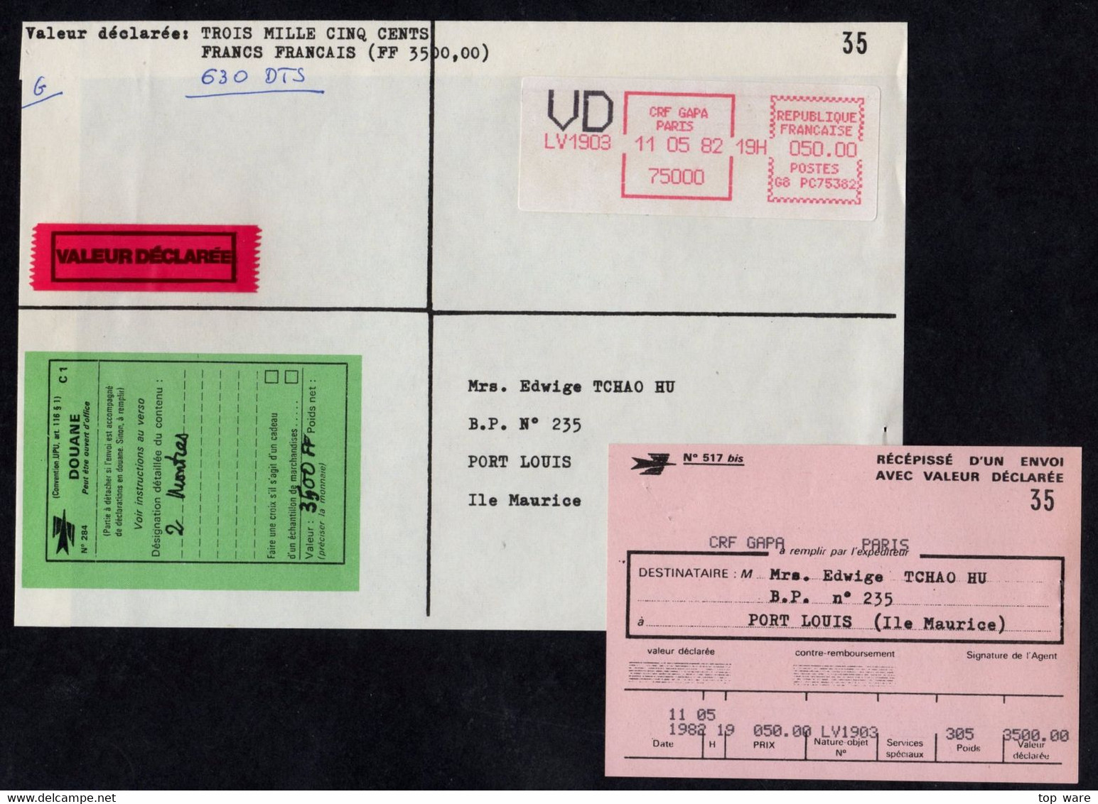 France Postal History Cover Cutout: GAPA Vignette 50,00FF, VD Valeur Declaree 3700FF From 11.05.82  Sent To Ile Maurice - 1981-84 LS & LSA Prototipos