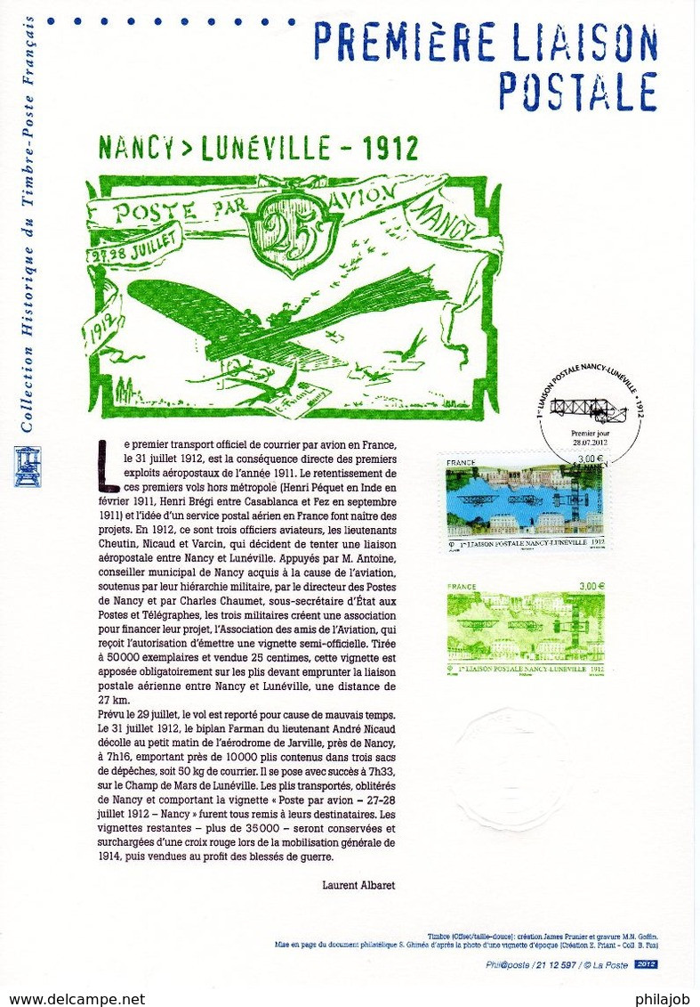 " 1ERE LIAISON POSTALE NANCY / LUNEVILLE " Sur Document Philatélique Officiel De 2012. N°YT PA 75. Parfait état. DPO - 2010-2019