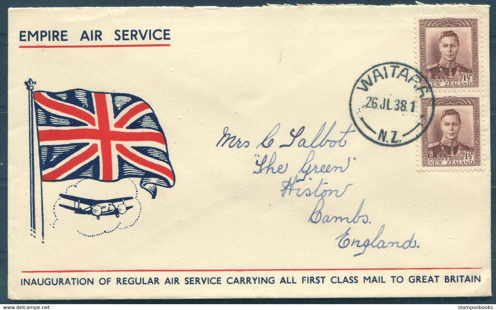 1938 New Zealand - Great Britain "Empire Air Service" Illustrated Airmail Cover Waitara - England - Airmail