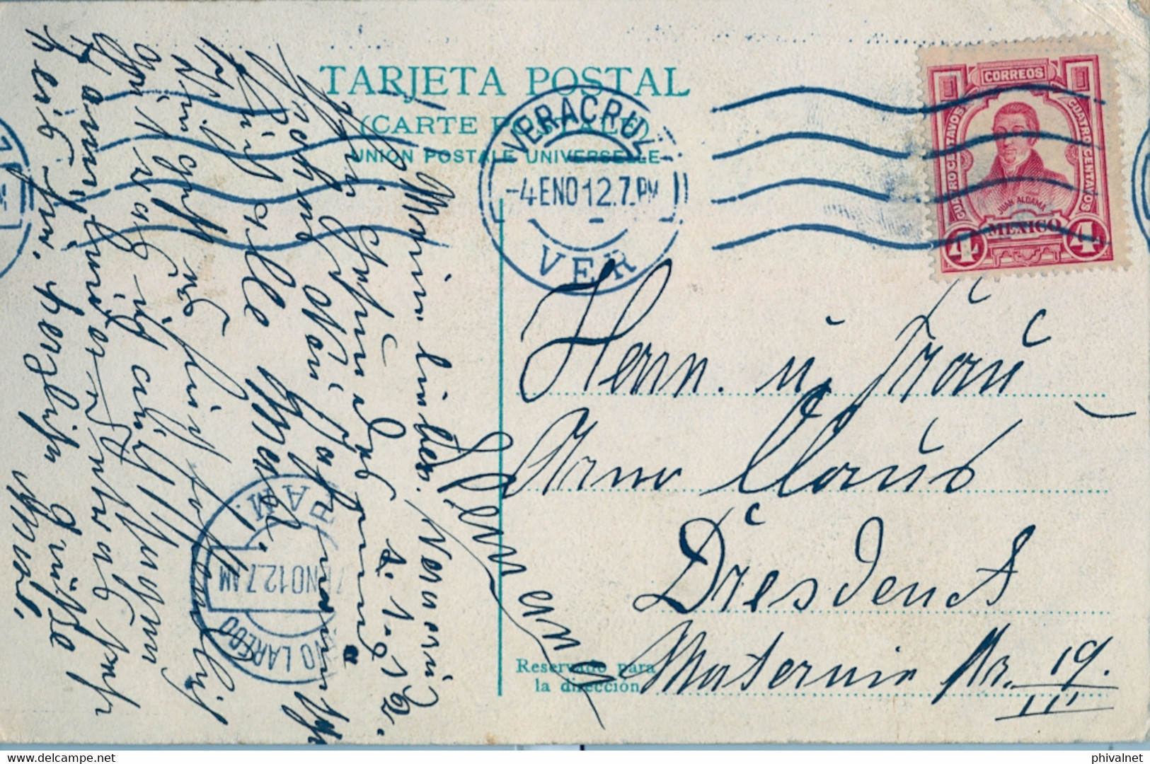 1912 MÉXICO , T.P. CIRCULADA , VERACRUZ - DRESDEN , TRÁNSITO DE NUEVO LAREDO. ESTATUA DE GUTIÉRREZ ZAMORA - Messico