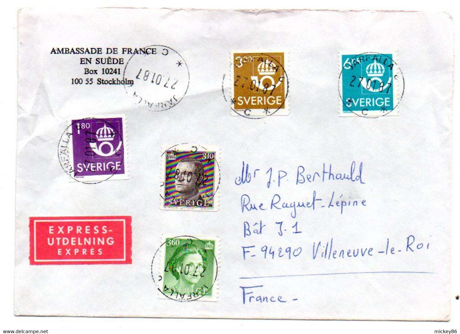 Suède--1987--Lettre EXPRESS  De STOCKHOLM  Pour VILLENEUVE LE ROI-94  (France)-Composition De Timbres.cachets..Ambassade - Lettres & Documents