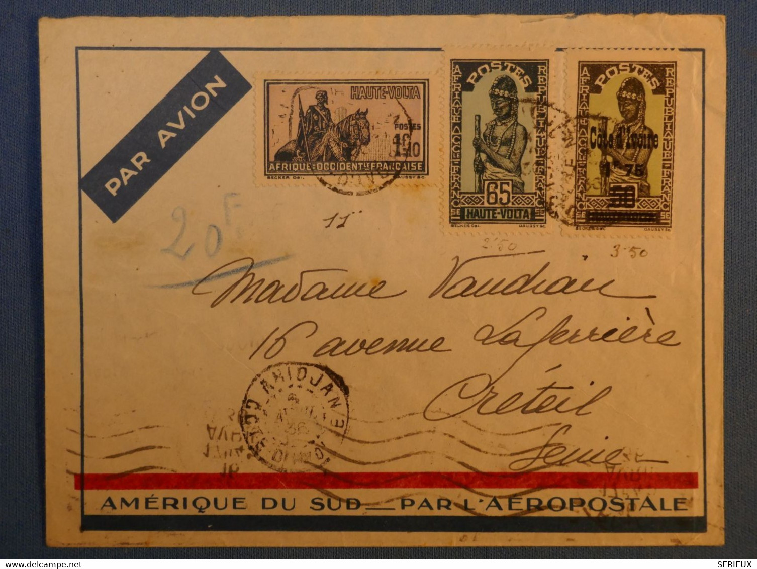 F4 HAUTE VOLTA C IVOIRE BELLE LETTRE 1936 PAR AVION ABIDJAN POUR CRETEIL+ TAXE MANUSCRITE - Cartas & Documentos