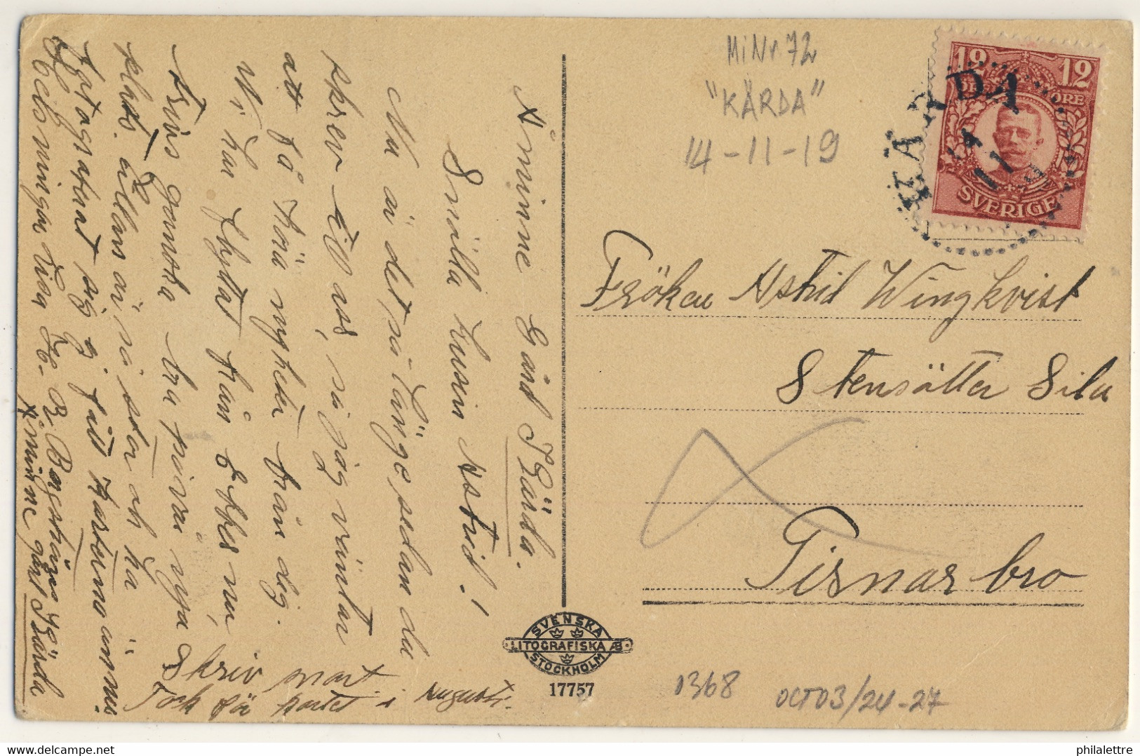 SUÈDE / SWEDEN 1919 Facit 83 12ore Red Used " KÄRDA " On PPC (Jonköping) To TISNARBRO - Storia Postale