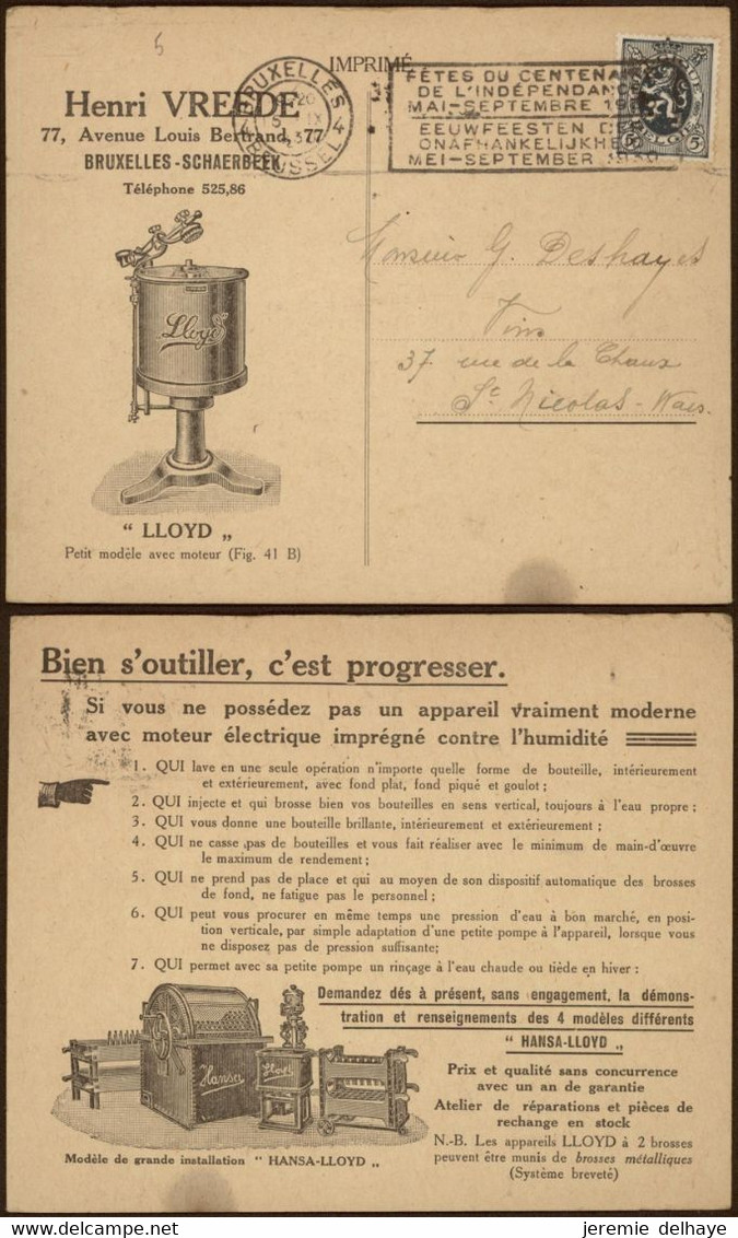 5ctm Sur Carte Imprimée "Henri Vreede - Machien Lloyd" (Bruxelles - Schaerbeek) > St-Nicolas - 1929-1937 Lion Héraldique