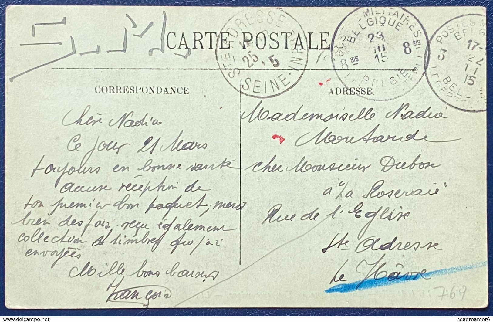 Carte Au Départ Obl " 3 Postes Militaire Belges 3 " En Transit Rare PMB 8 Bis ! Et Rare Ste Adresse Le Havre En Arrivée - Esercito Belga