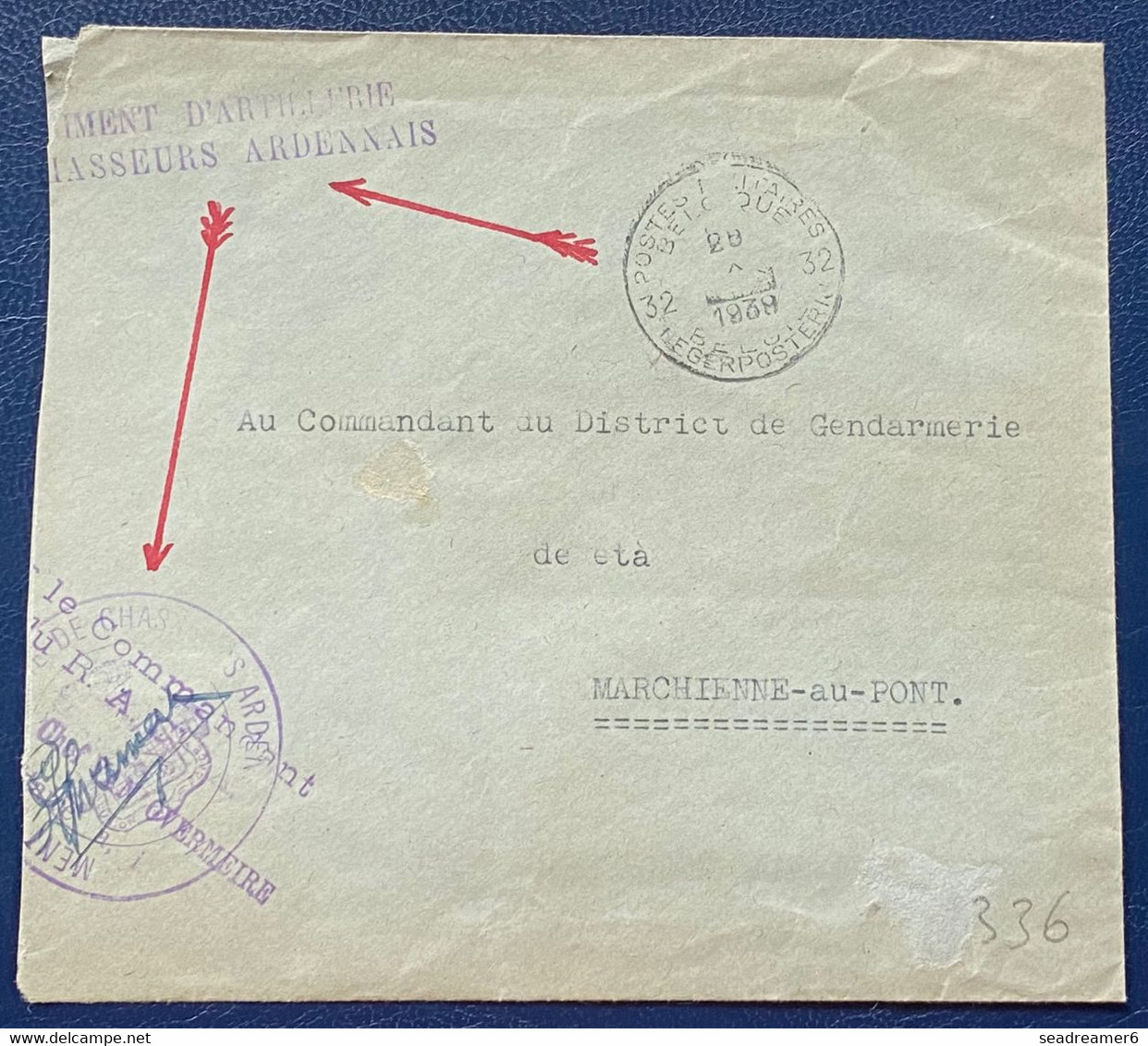 Lettre D'un Commandant Griffe "regiment D'artillerie Chasseurs Ardennais" Obl "32 Postes Militaires Belges 32" Blocage - Oorlog 40-45 (Brieven En Documenten)