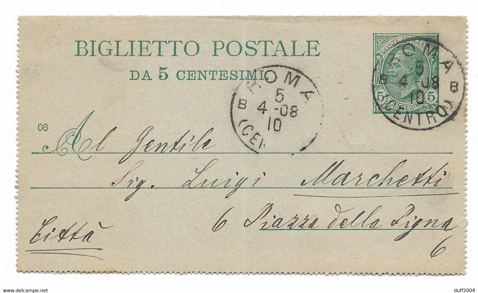 DA ROMA PER CITTA' - 5.4.1908.. - Interi Postali