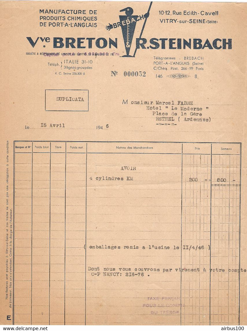 FACTURE 1946 - Vve BRETON & STEINBACH VITRY SUR SEINE - PRODUITS CHIMIQUES DE PORT A L'ANGLAIS - Droguerie & Parfumerie