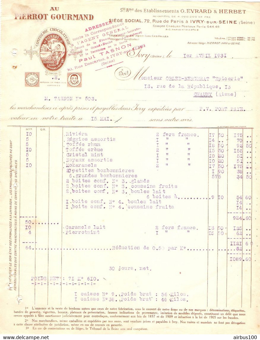 FACTURE 1931 - CHOCOLAT PIERROT GOURMAND IVRY SUR SEINE - Sté DES Éts EVRARD & HERBERT - Droguerie & Parfumerie