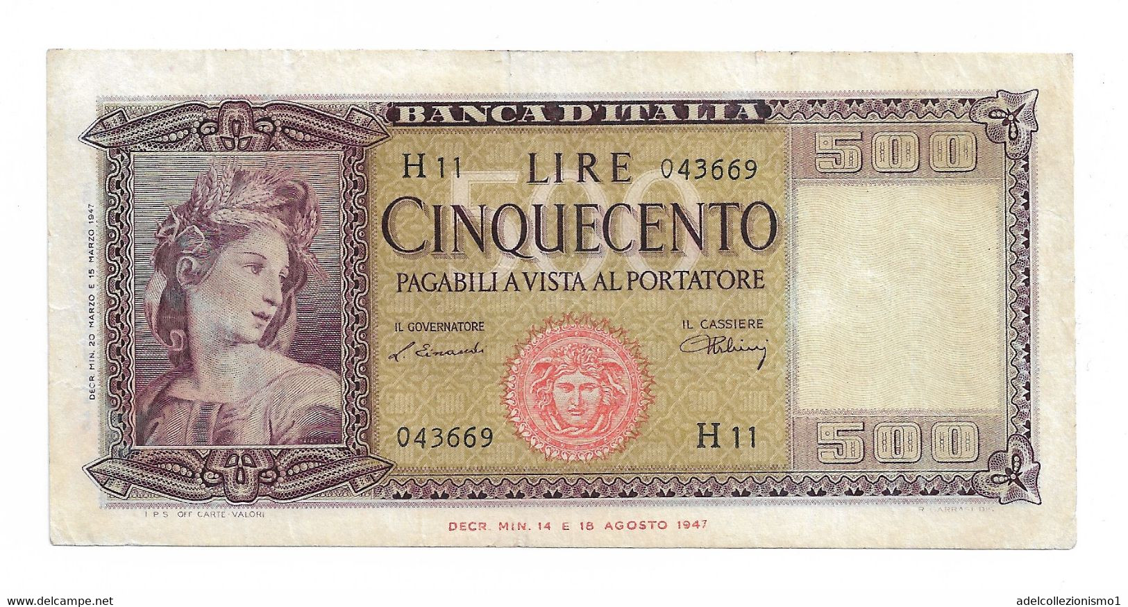 29603) 500 LIRE ITALIA ORNATA DI SPIGHE MEDUSA DECR 20 MARZO 1947-SPL - 500 Lire
