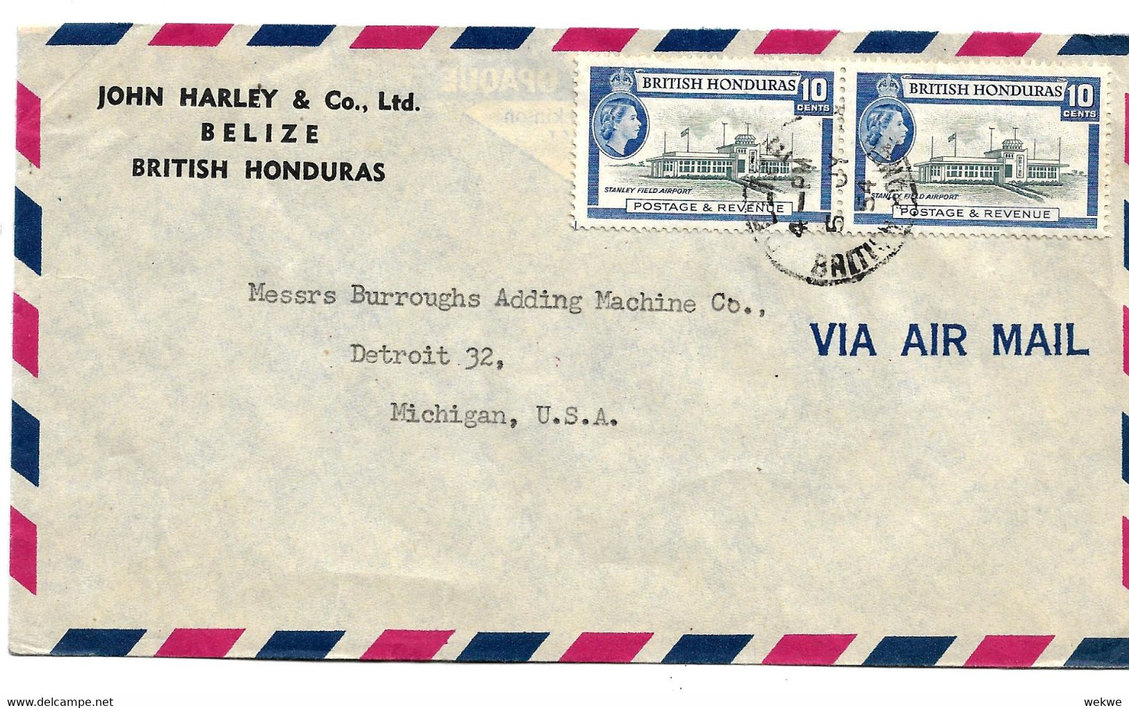 BRH001 / HONDURAS - Flughafen Belize 1954 In Die USA (Detroit) - British Honduras (...-1970)