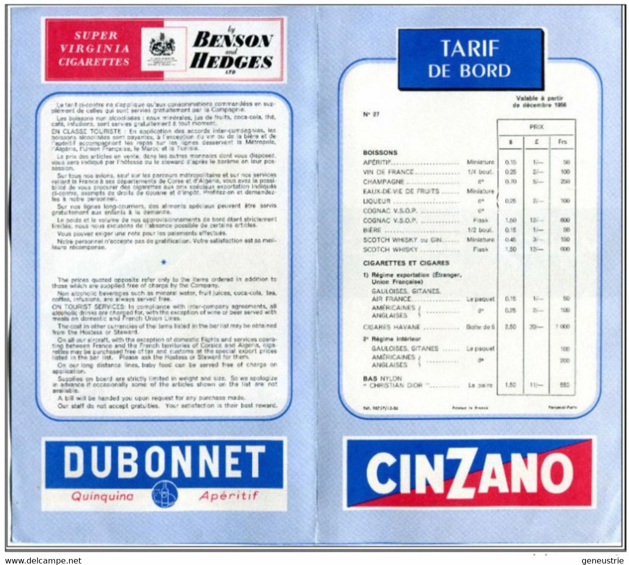 Magnifique Tarif 1956 Des Cigarettes Et Alcools "Air France" Compagnie Aérienne - Aviation - Avion - Pubblicità