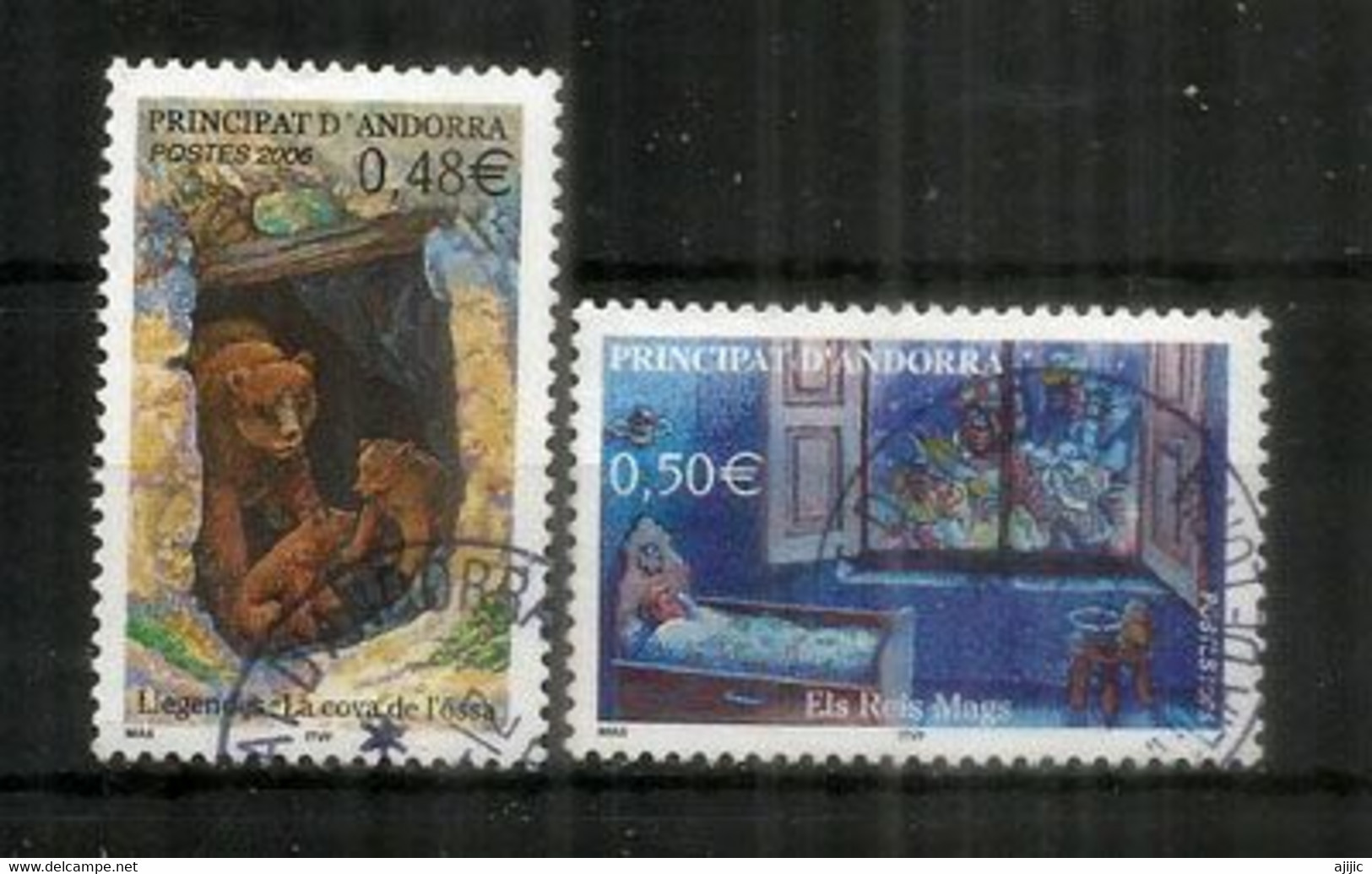 Légendes Andorranes: La Caverne De L'Ourse Avec Oursons & Légende Arrivée Des Rois Mages. Oblitérés 1 ère Qualité - Used Stamps