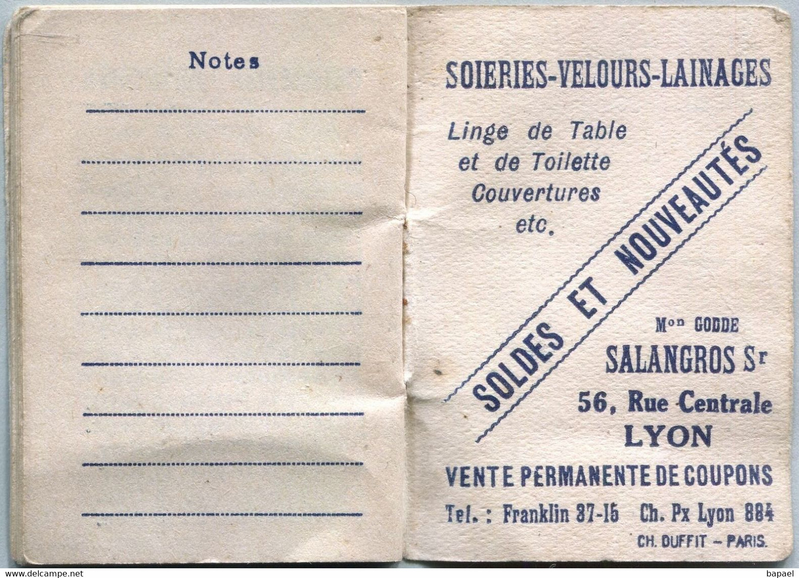 Agenda De 1933 ''Salangros Sr - Soieries-Velours-Lainages - Lyon'' (Recto Et Scan De Deux Pages Intérieures) - Kleinformat : 1921-40