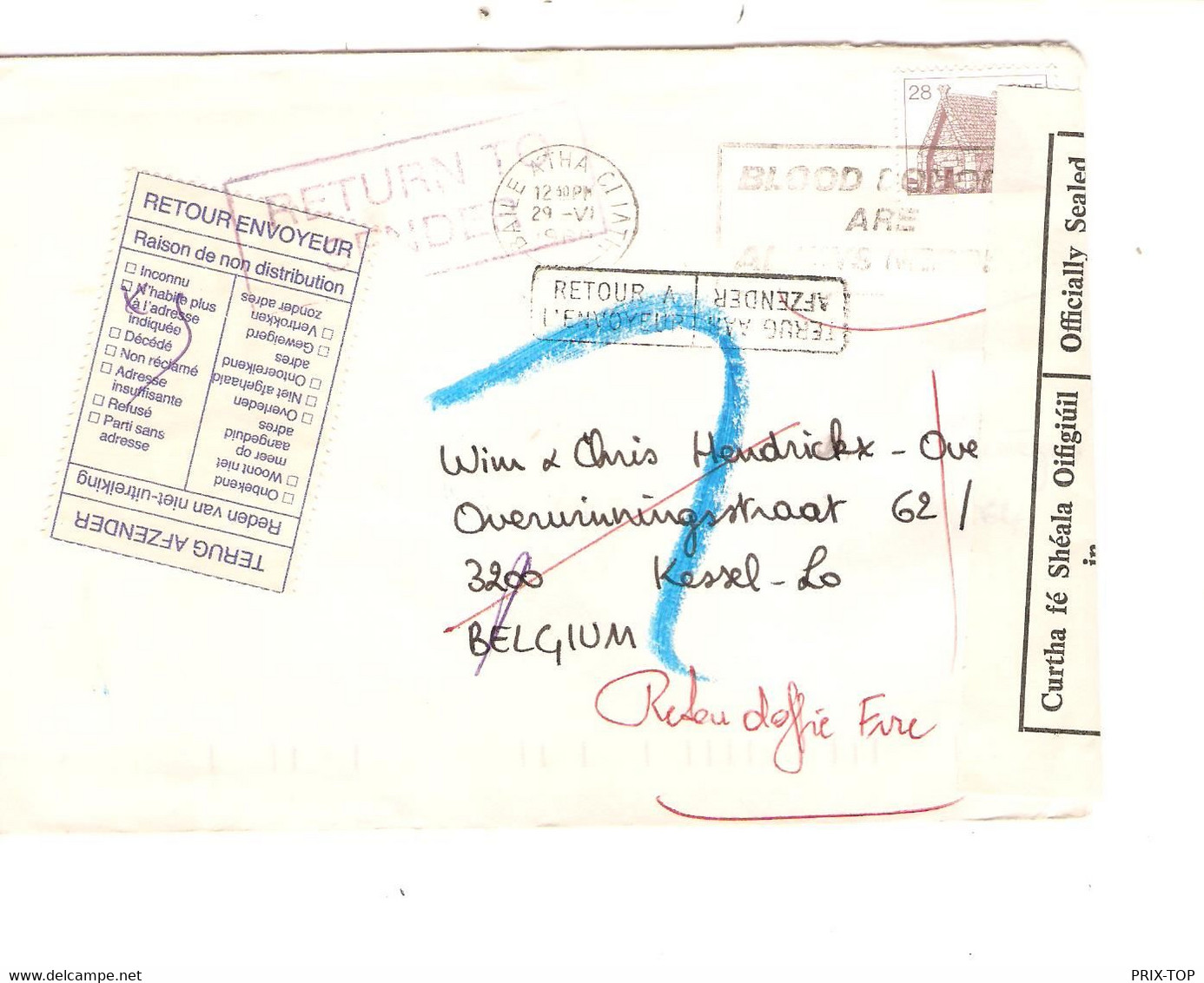 REF2992/ Eire Cover Dublin 1989 > Belgium Kessel-Lo Label & Stamp Return + Tape Bilingual Officially Sealed - Cartas & Documentos